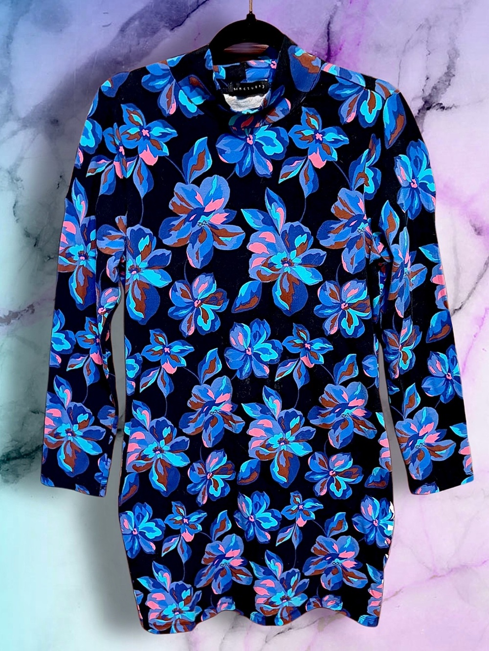 Sanctuary Black Floral Long-Sleeve Mini Dress with Blue & Pink Accents size XL
